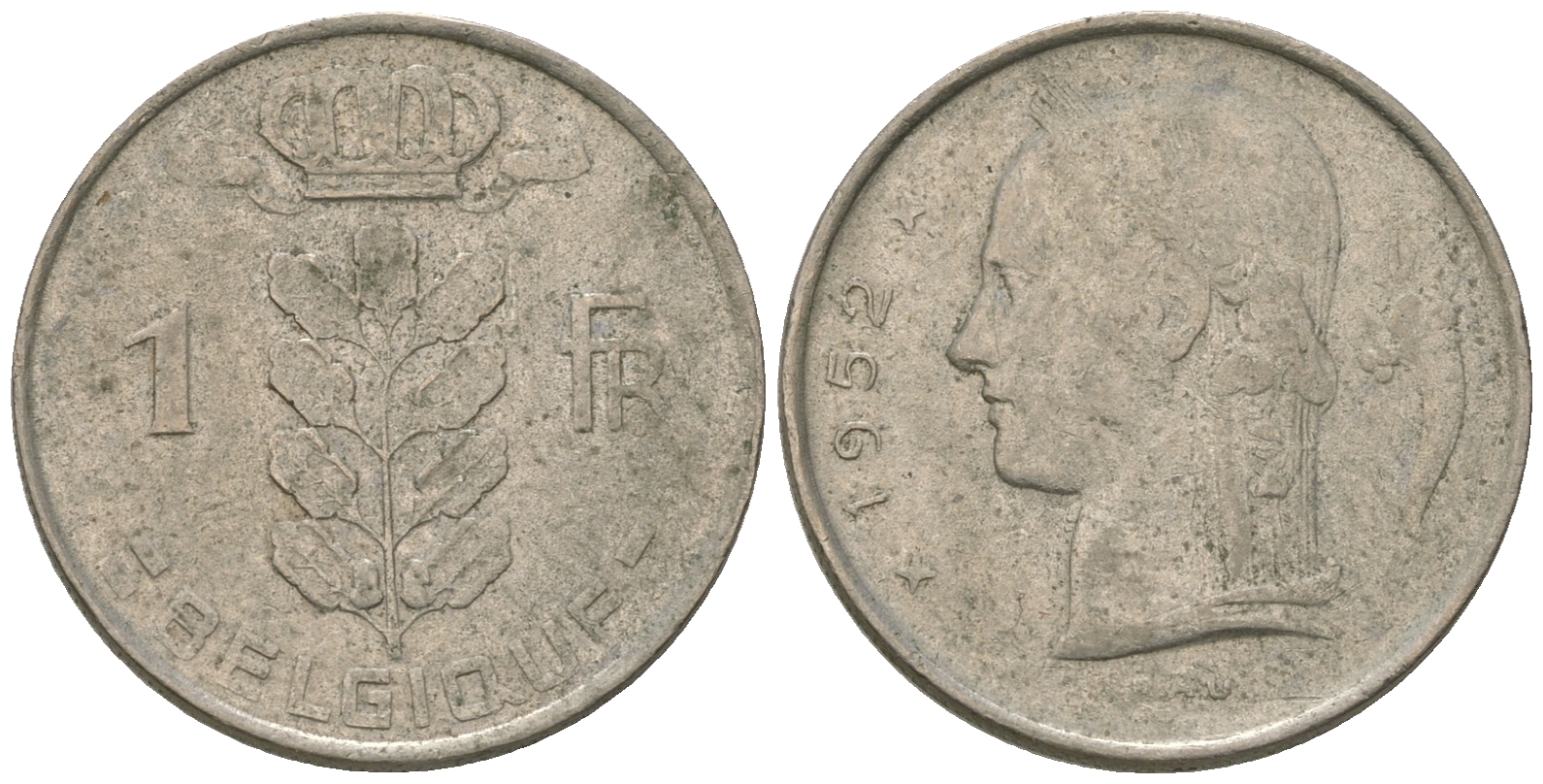 Бельгия 1 франк 1952 Belgique KM 142.1 медно-никель    4589-833