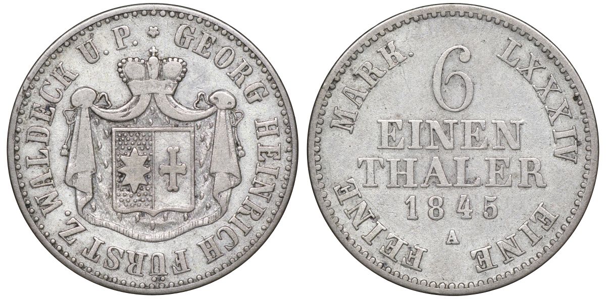 Вальдек 1/6 талера 1845 A, Георг II (1813-1845) KM 150 серебро    1531-1323