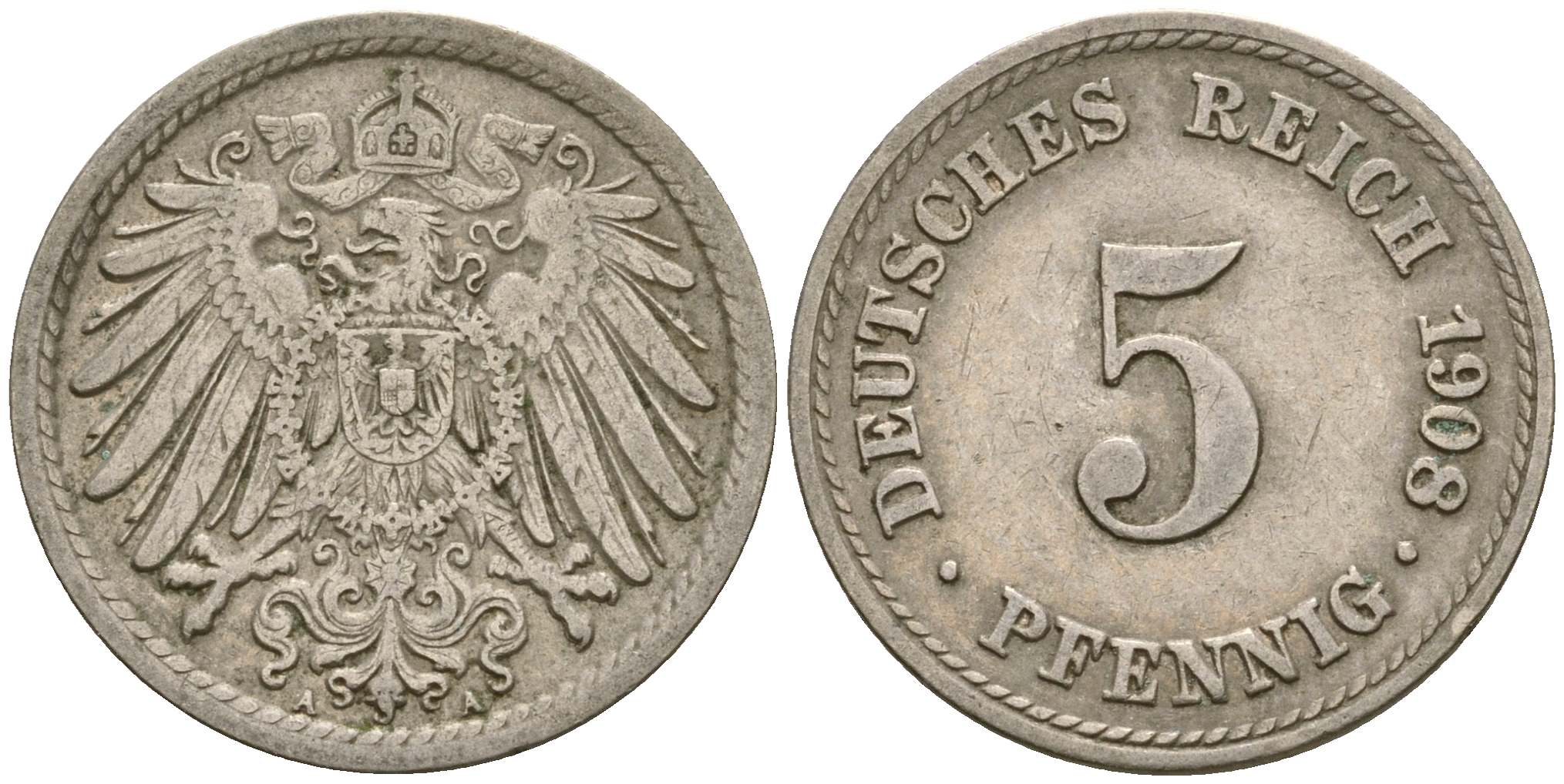 Германия 5 пфеннигов 1908 A KM 11, Jager 12, Weege 6 медно-никель 4364-4535