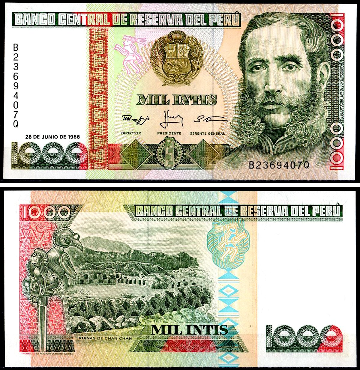 Перу 1000 инти 1987 Андрес Авелино Касерес, руины Чан-Чан Pick 136 b бумага UNC (пресс) 402-49-3-1