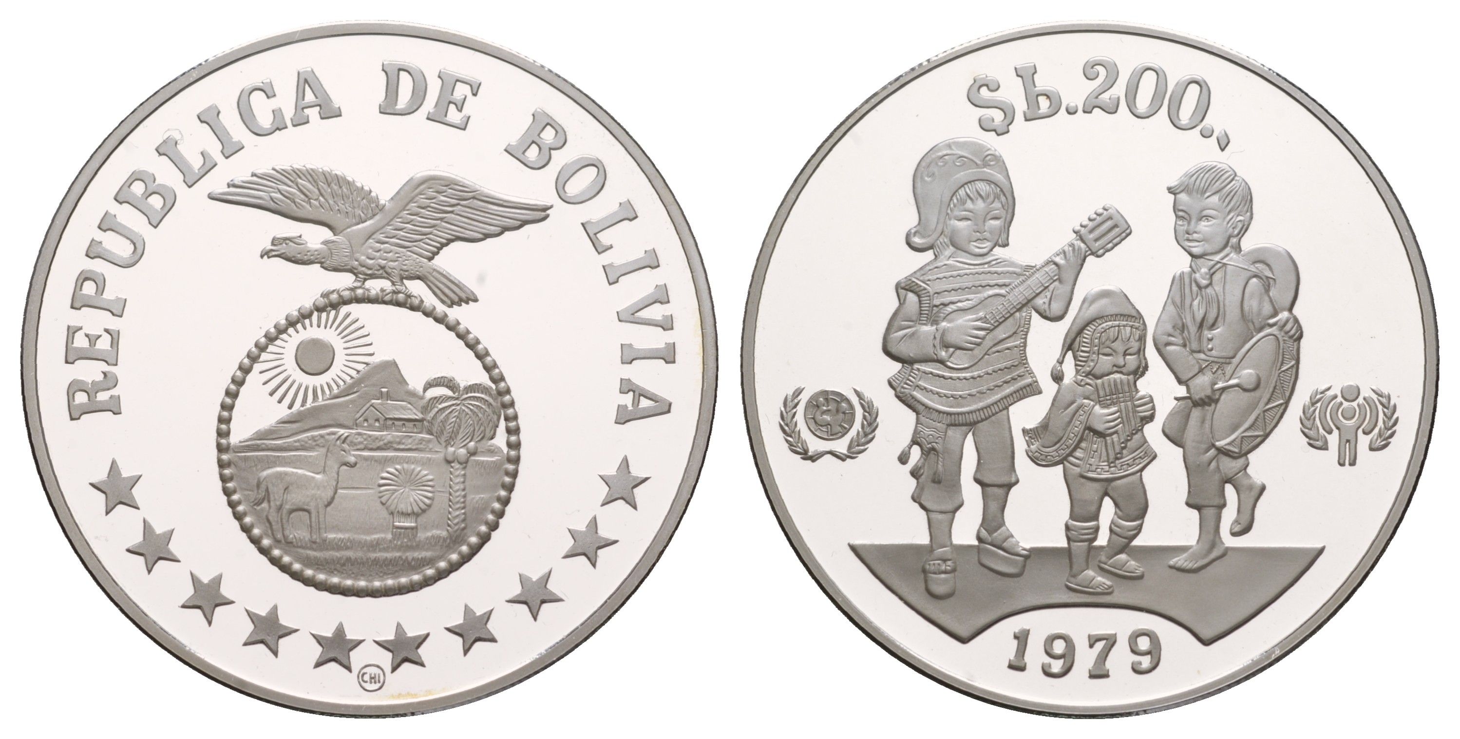 Боливия 200 песо 1979 Международный год защиты детей KM 198 серебро PROOF 11-252-24