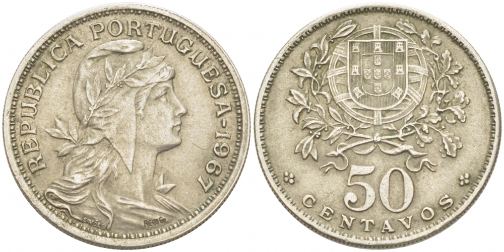 Португалия 50 сентаво 1967 KM 577 медно-никель 77-823