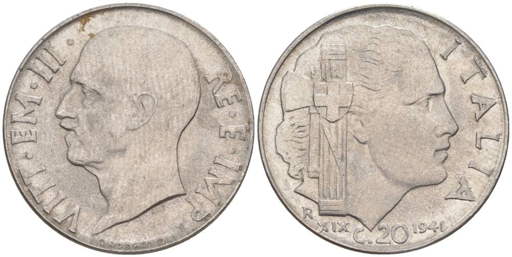 ИТАЛИЯ 20 ЧЕНТЕЗИМО 1941 R, ГОД XIX, ВИКТОР ЭММАНУИЛ III (1900-1946) KM 75b, VEM3. 1028 нержавеющая сталь 3853-1121