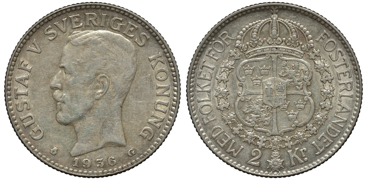 Швеция 2 кроны 1936 G, Густав V (1907-1950) KM 787 серебро 00-00