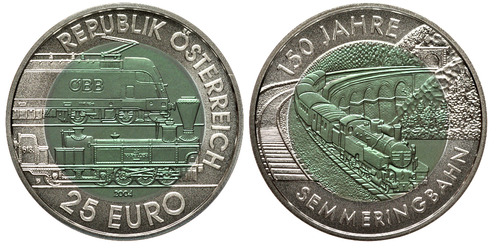 Австрия 25 евро 2004 история железной дороги, вставка из ниобия, зеленая KM 3109 биметалл, серебро UNC 00-820-65