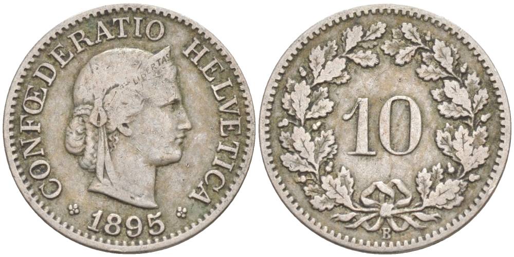 Швейцария 10 раппенов 1895 В KM 27 медно-никель 4181-1225