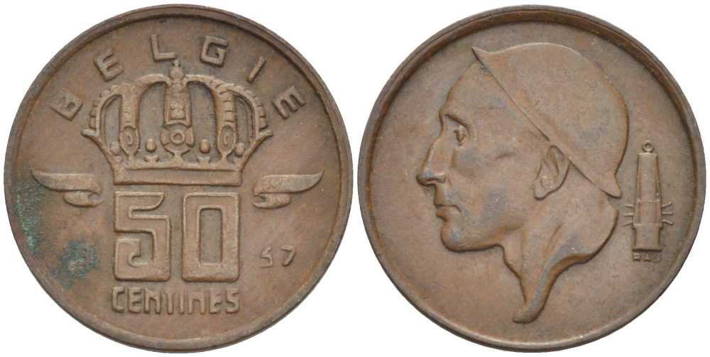 Бельгия 50 сантимов 1957 Belgie, Бодуэн I (1951-1993) KM 149.1 бронза 4396-219