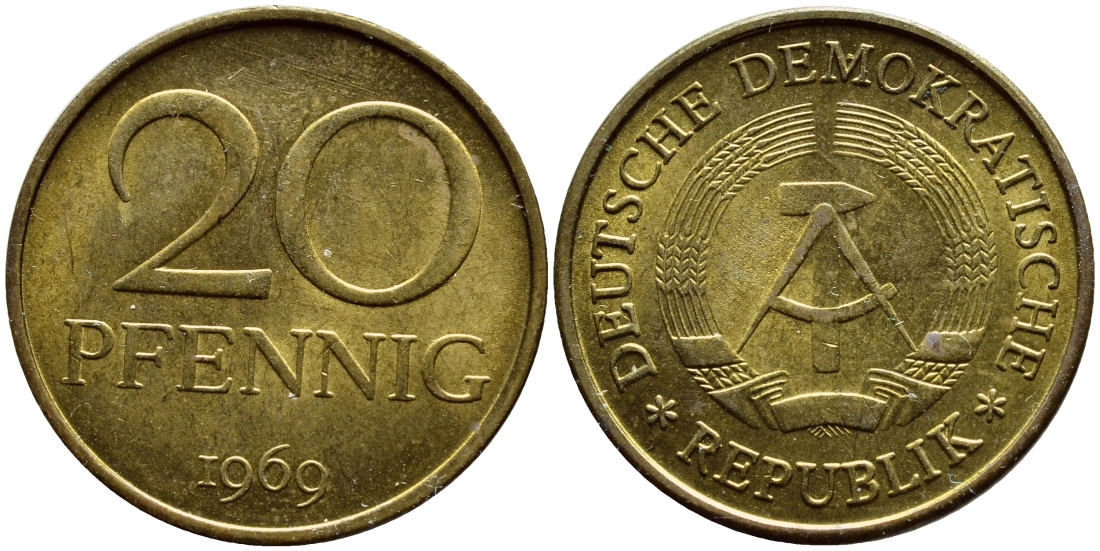 ГДР 20 пфеннигов 1969 А, первый год KM 11 латунь UNC 4397-433