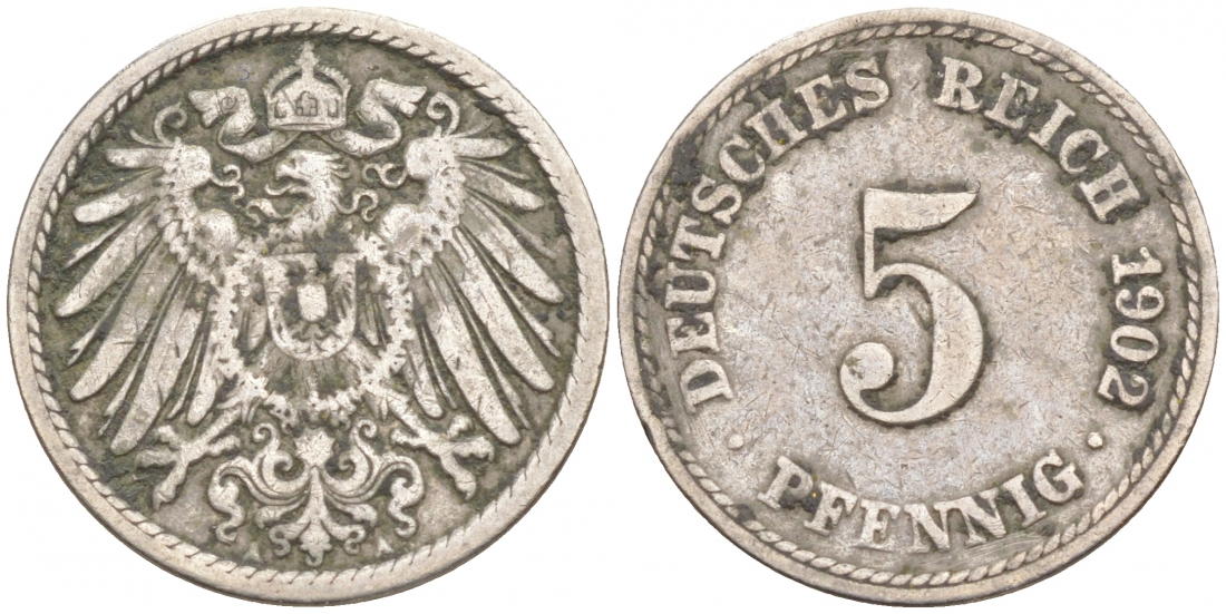 ГЕРМАНИЯ 5 ПФЕННИГОВ 1902 A, KM 11, J. 12 медно-никель 73-1559