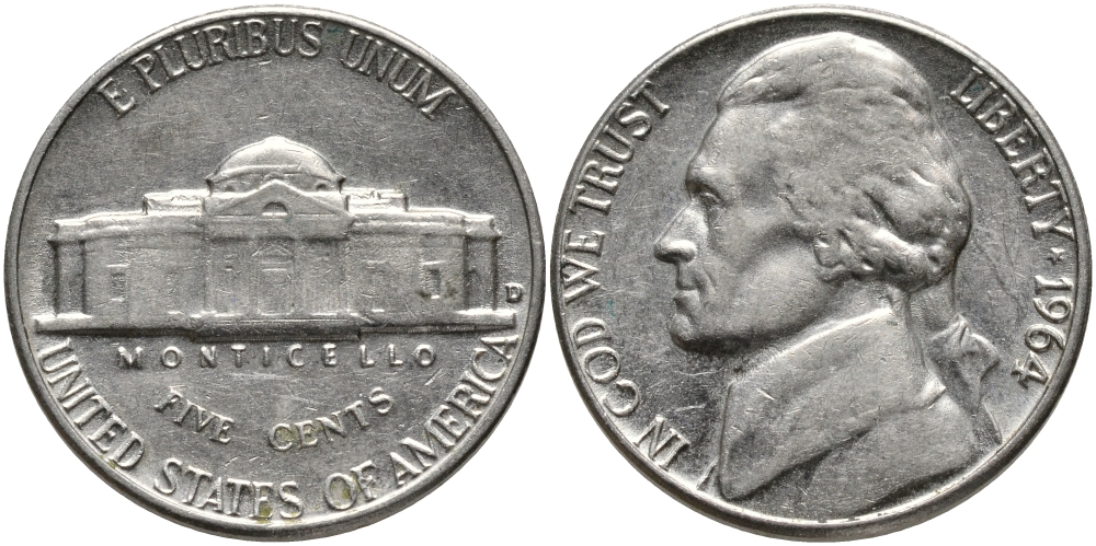 США 5 ЦЕНТОВ 1964 ДЖЕФФЕРСОН KM A192 медно-никель 4390-423