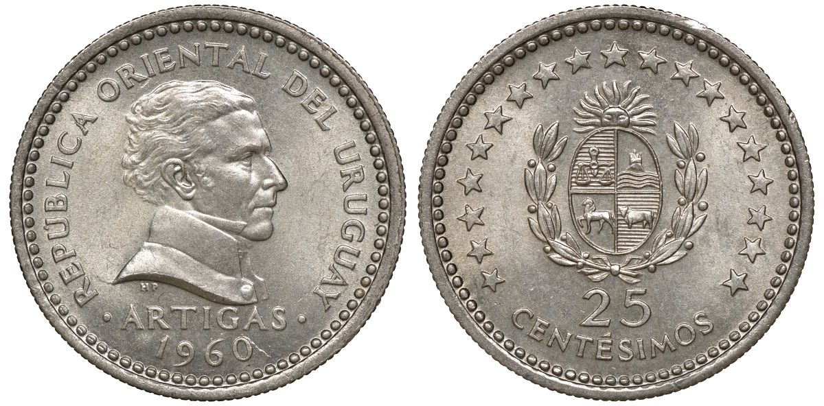 Уругвай 25 сентесимо 1960 KM 40 медно-никель 4169-858