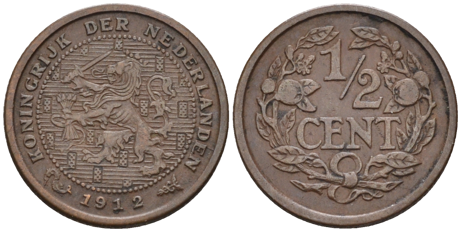 Нидерланды 1/2 цента 1912 Вильгельмина (1890-1948) KM 138 бронза    4169-238