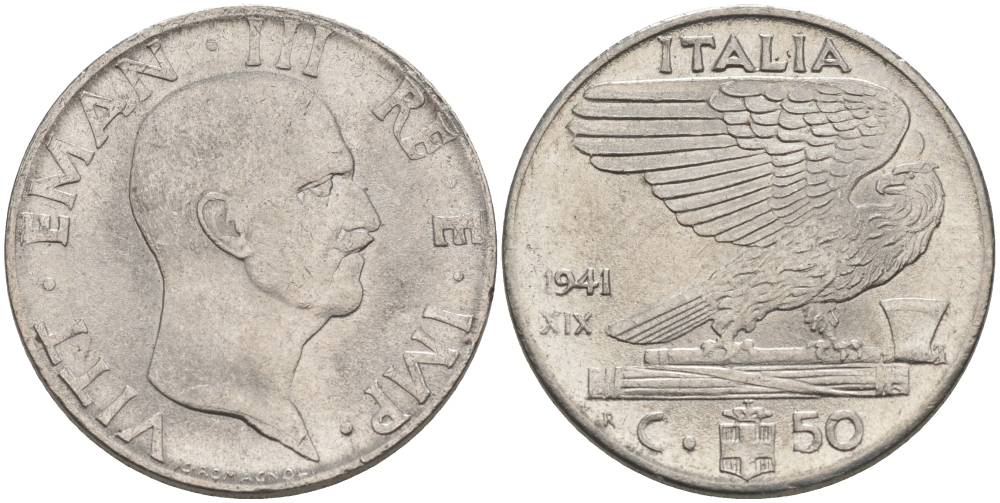 ИТАЛИЯ 50 ЧЕНТЕЗИМО 1941 R, ГОД XIX, ВИКТОР ЭММАНУИЛ III (1900-1946) KM 76b, VEM3. 1063 нержавеющая сталь 3853-341