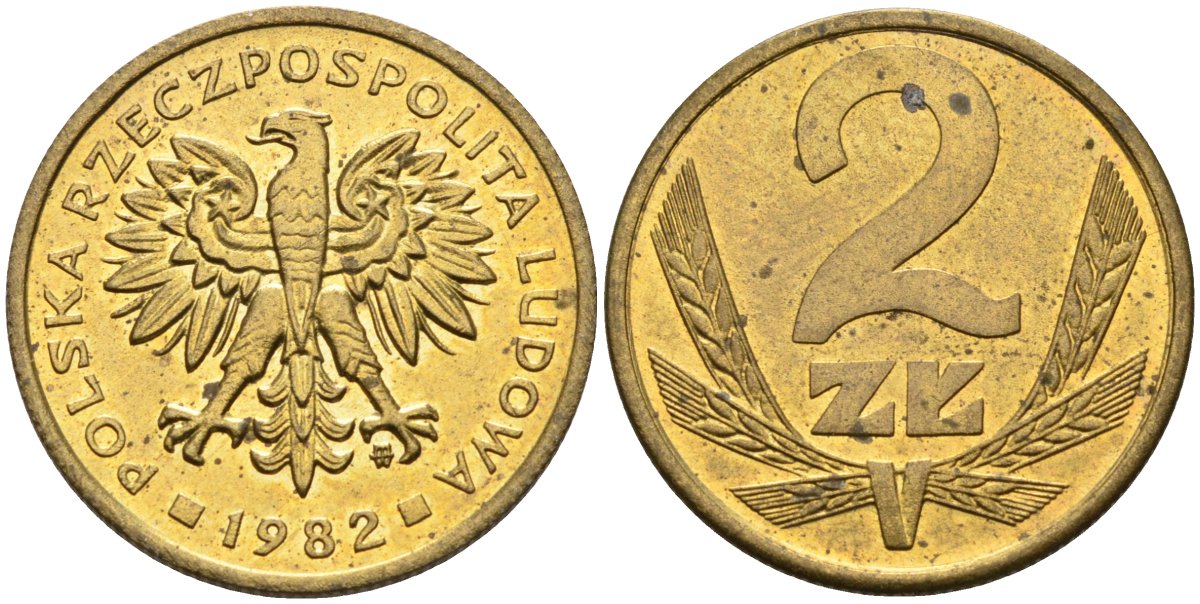 Польша 2 злотых 1982 MW, Народная Республика KM 80.1, Parchimowicz 217i латунь UNC 4580-746