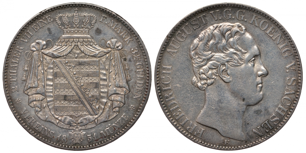 Саксония 2 талера 1851 Фридрих Август II Dav. 874, KM 1149 серебро 00-804-46