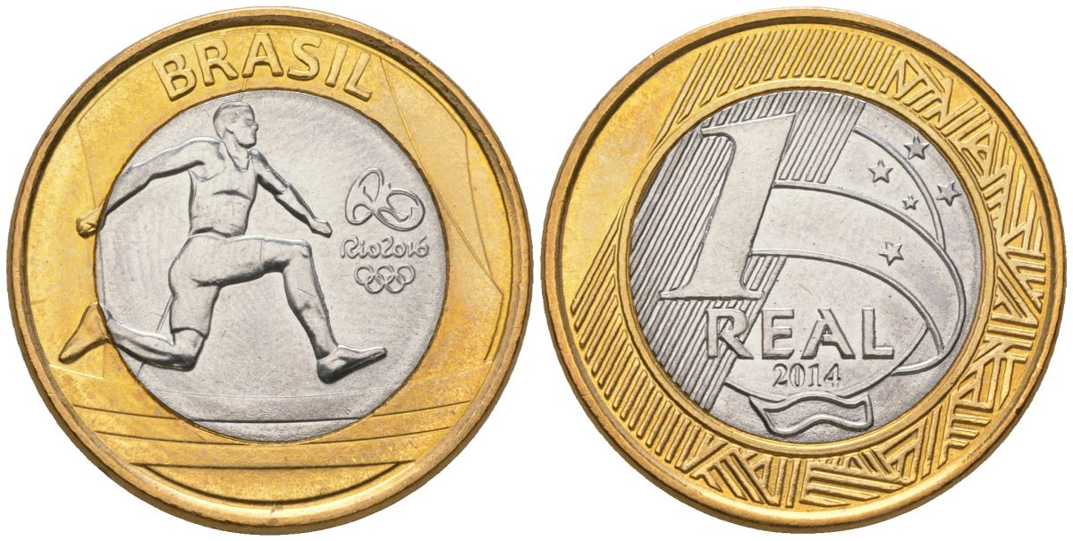 Бразилия 1 реал 2014 XXXI летние Олимпийские Игры, Рио-де-Жанейро 2016 - Атлетизм KM 687 биметалл UNC 4139-223