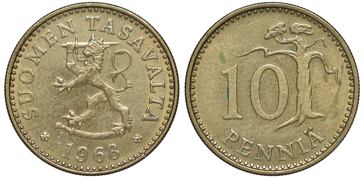 ФИНЛЯНДИЯ 10 ПЕННИ 1968 S KM 46 алюминиевая бронза 3334-1124