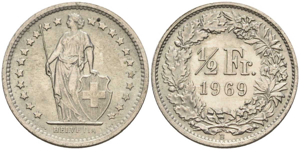 Швейцария 1/2 франка 1969 B KM 23a медно-никель 4608-529