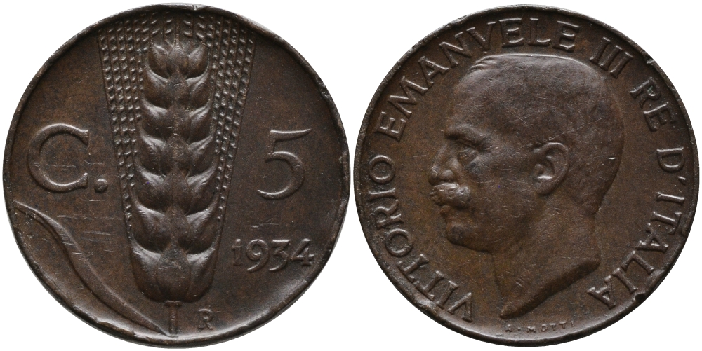 ИТАЛИЯ 5 ЧЕНТЕЗИМО 1934 R, ВИКТОР ИМАНУИЛ KM 59 медь 73-113
