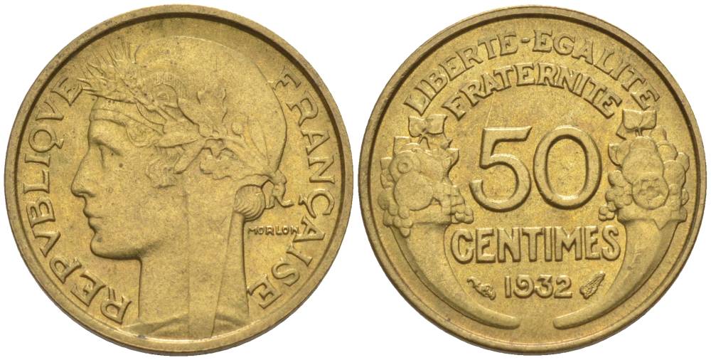ФРАНЦИЯ 50 САНТИМОВ 1932 ТИП MORLON, OPEN 9, С ЯГОДОЙ KM 894.1, LE FRANC 192.7 алюминиевая бронза 44-726