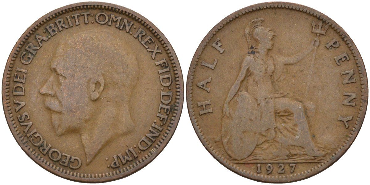 Великобритания 1/2 пенни 1927 Георг V (1910-1936) KM 824, Spink 4057 бронза 4143-713