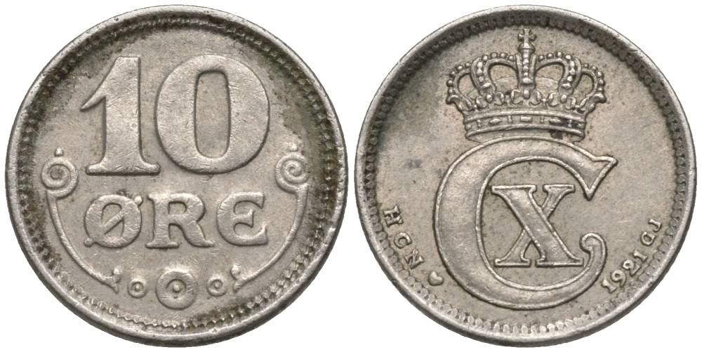 ДАНИЯ 10 ЭРЕ 1921 HCN; GJ, КРИСТИАН X (1912-1947) KM 818.2а медно-никель 4549-1166