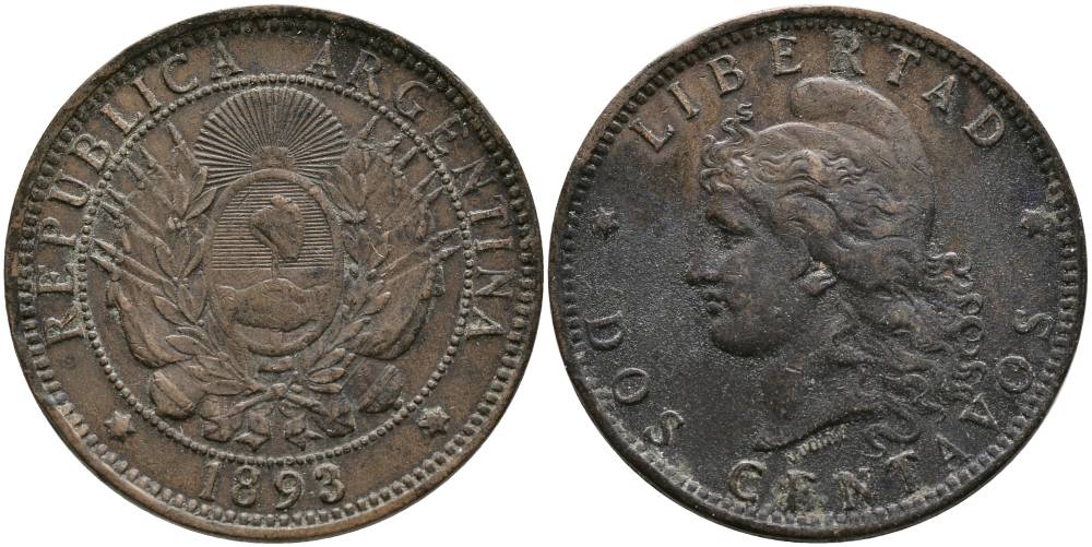 Аргентина 2 сентаво 1893 голова свободы влево KM 33 бронза 4531-1134