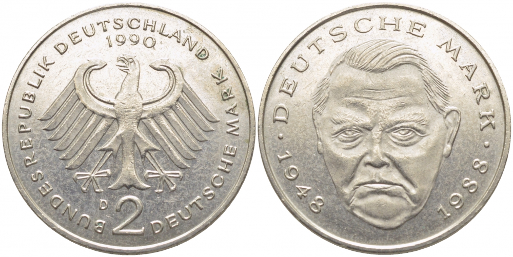 ФРГ 2 МАРКИ 1990 D ЛЮДВИГ ЭРХАРД J. 445, KM 170 медно-никель плакированный никелем 3856-317