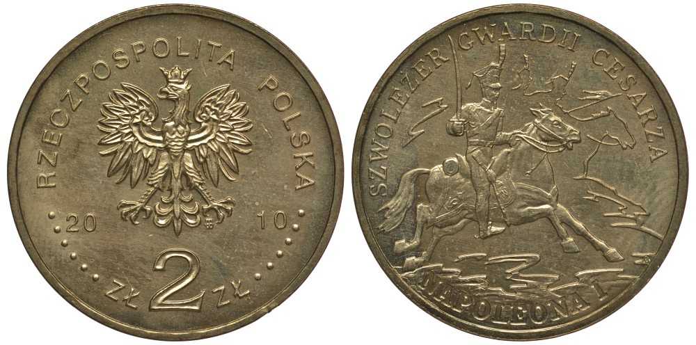 Польша 2 злотых 2010 MW, кавалеристы императорской гвардии Наполеона I KM 718 нордик  UNC 111-433