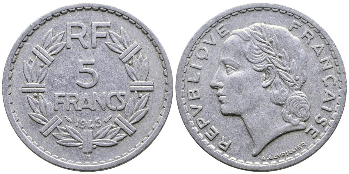 ФРАНЦИЯ 5 ФРАНКОВ 1945 В KM 888b.2 алюминий 08-1245