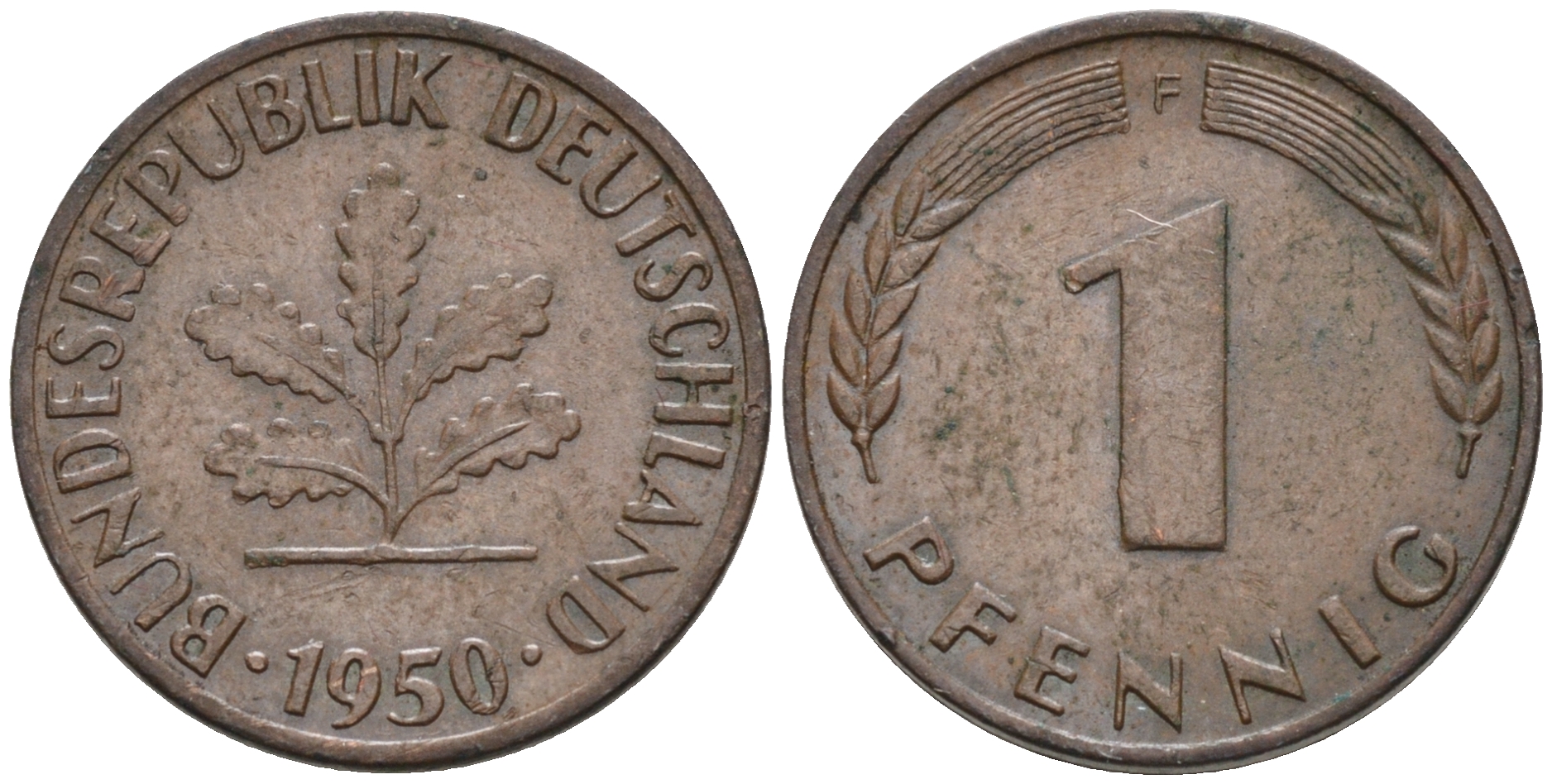 ФРГ 1 ПФЕННИГ 1950 F KM 105, J.380 сталь плакированная медью 75-412