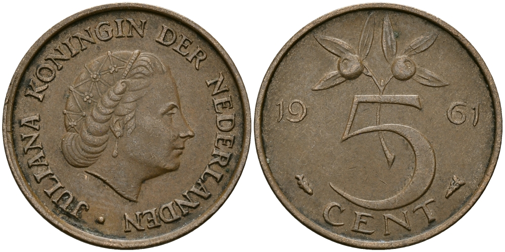НИДЕРЛАНДЫ 5 ЦЕНТОВ 1961 ЮЛИАНА KM 181 бронза 95-345