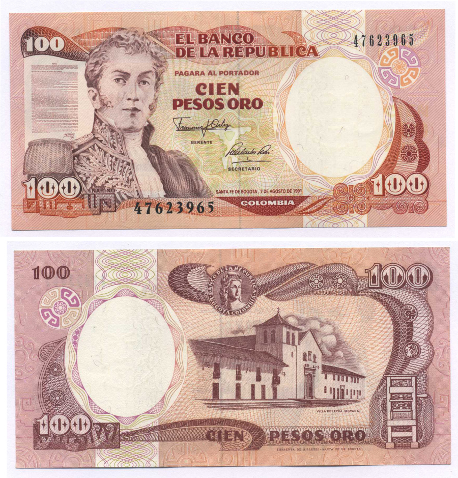 Колумбия 100 песо 1991 Антонио Нариньо, Вилья-де-Лейва Pick 426е бумага UNC (пресс) 000-00-00