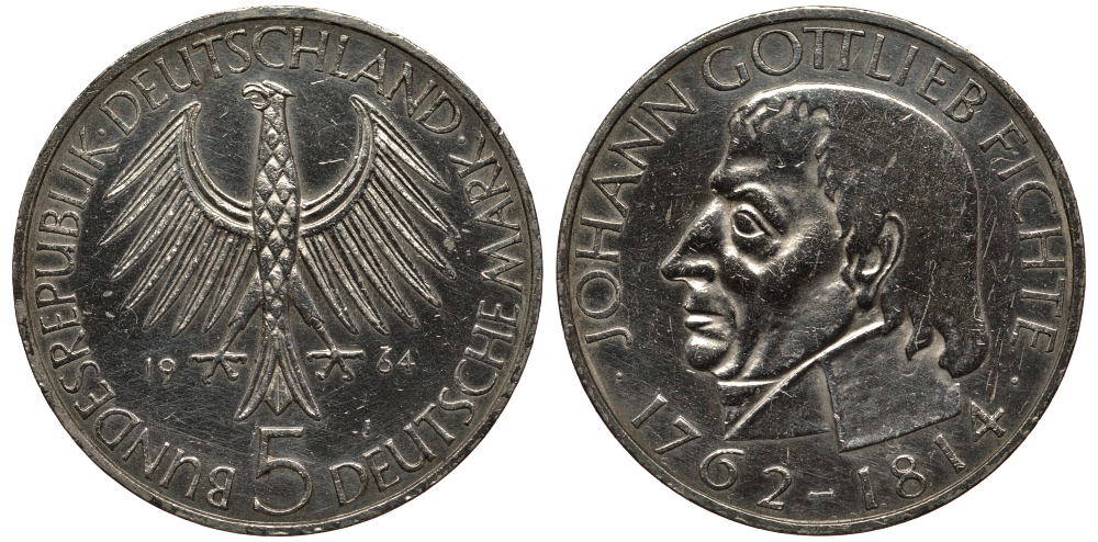ФРГ 5 марок 1964 J, 150 лет со дня смерти Иоганна Готлиба Фихте J. 393, KM 118.1 серебро 413-1813