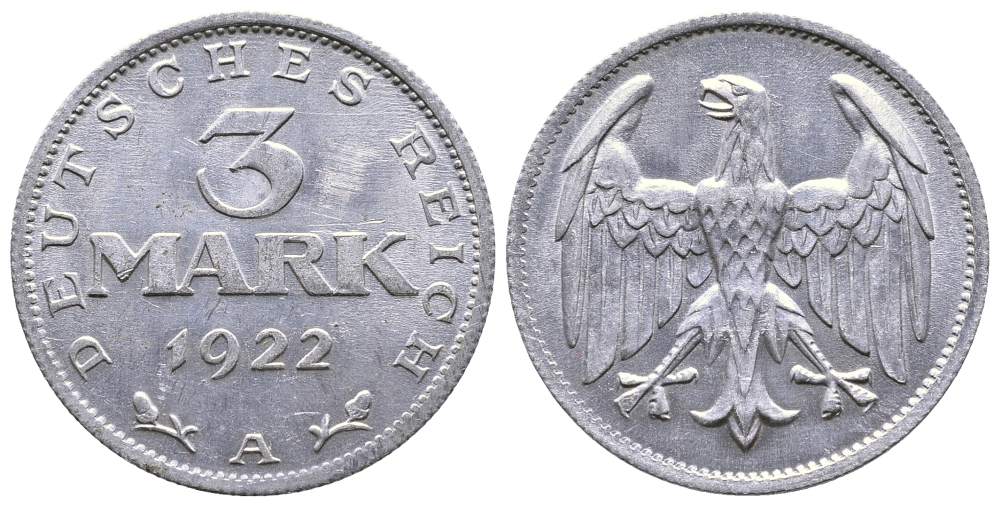 ГЕРМАНИЯ 3 МАРКИ 1922 А KM 28, J. 302 алюминий 4380-716