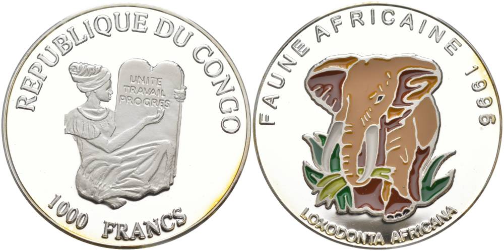 Конго 1000 франков 1996 Африканская фауна, слон, цветная эмаль KM 40 серебро PROOF 1091-3-33