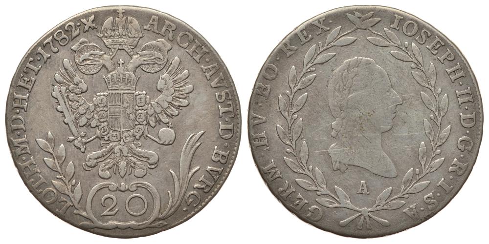 АВСТРИЯ 20 КРЕЙЦЕРОВ 1782 А, ЖОЗЕФ II ( 1780-1790) KM 2069 серебро 1522-1111