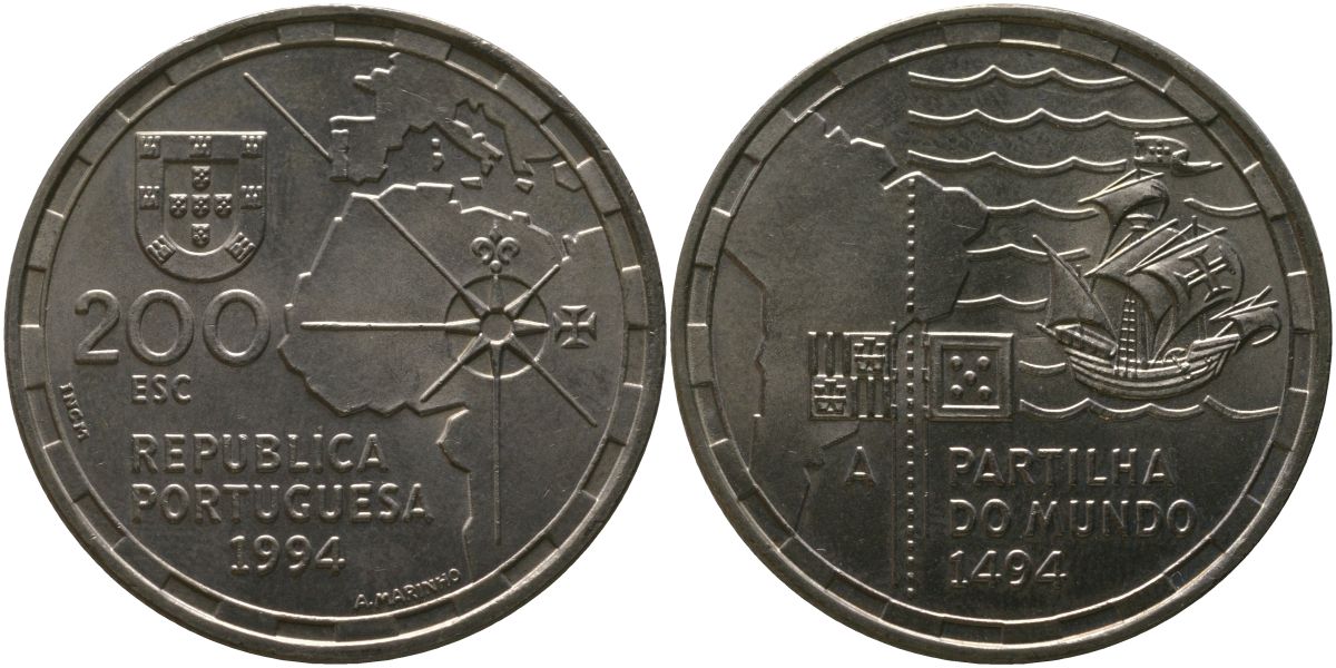 Португалия 200 эскудо 1994 INCM, 500 лет с момента разделения зон влияния между Португалией и Испанией KM 672 медно-никель aUNC 00-00