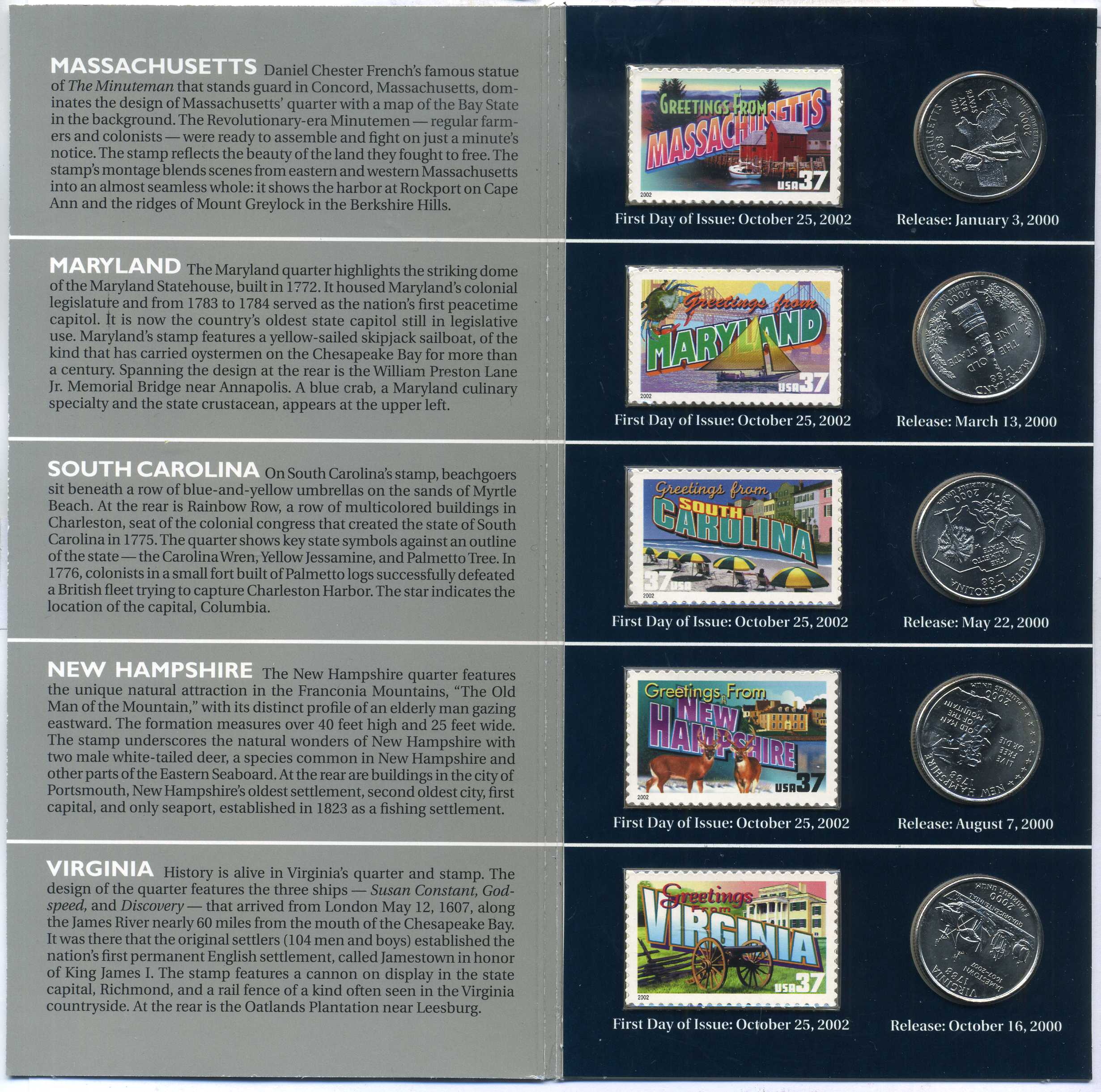 США набор из 5 монет квотеров + 5 марок 2000 в оригинальном буклете с описанием, запайка, Массачусетс, Мэриленд, Южная Каролина, Нью-Гемпшир, Вирджиния медь плакированная медно-никелем UNC 7-5-6-19