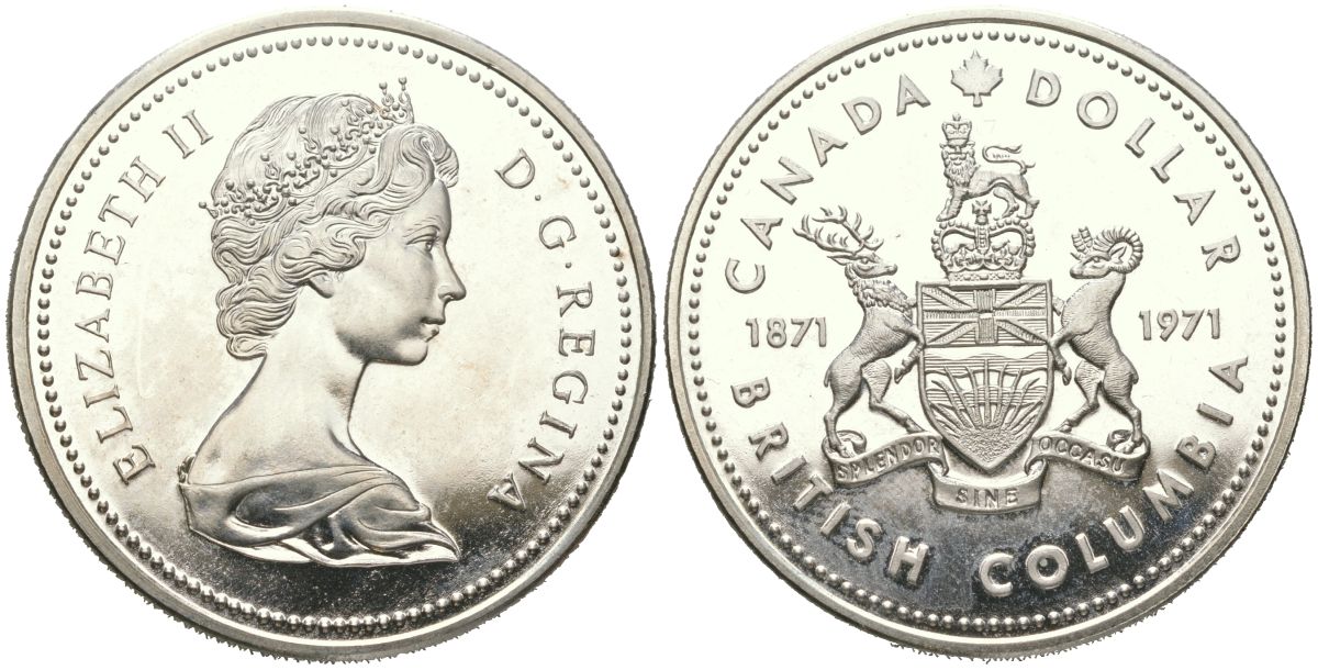 Канада 1 доллар 1971 100 лет присоединению Британской Колумбии KM 80 серебро BU 1066-3-42