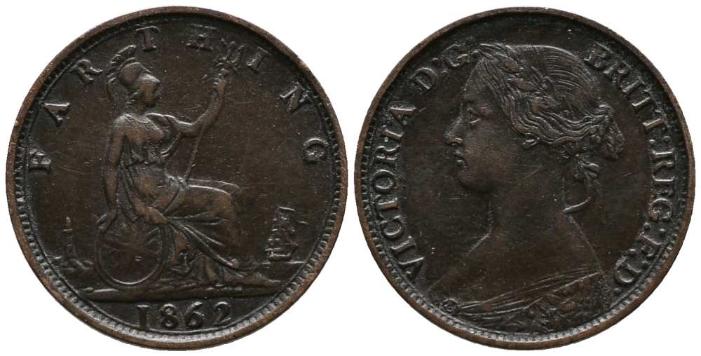 Великобритания 1 фартинг 1862 Виктория (1837-1901) KM 747.2, Spink 3958 бронза  1518-1111
