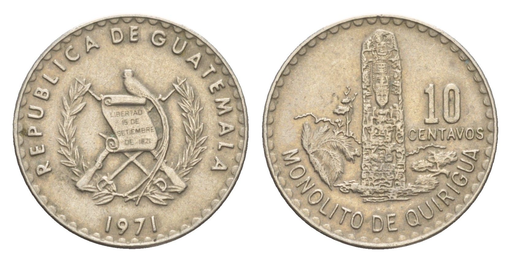 Гватемала 10 сентаво 1971 год-тип KM 271.1 медно-никель 4651-927