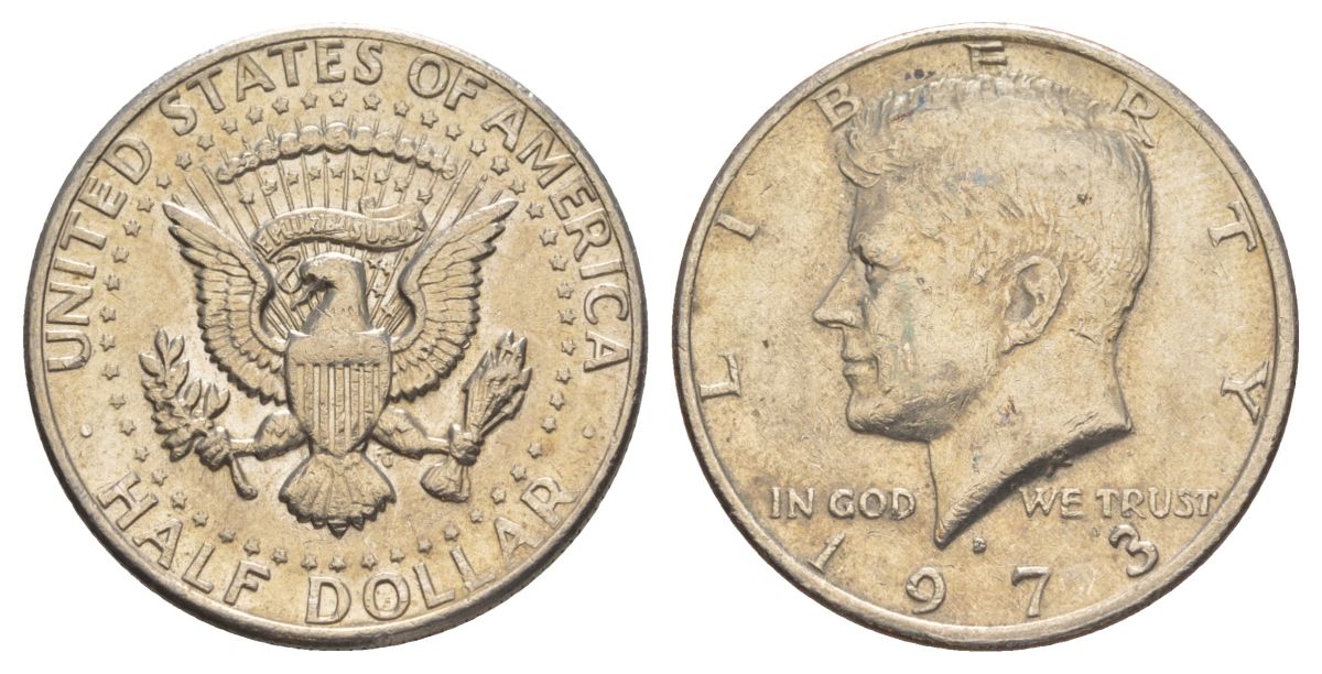 США 1/2 доллара (50 центов) 1973 D, Джон Кеннеди KM 202b медь плакированная медно-никелем aUNC 4517-1122
