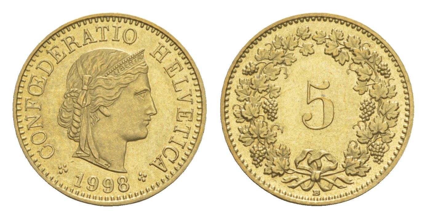 Швейцария 5 раппенов 1998 B KM 26c алюминиевая бронза 4532-1011