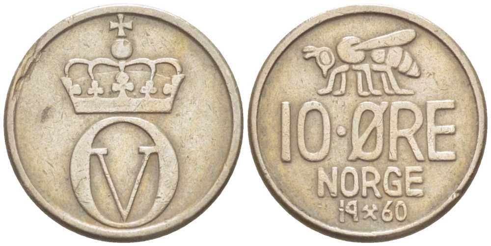 Норвегия 10 эре 1960 пчела, Улаф V (1958-1991) KM 411 медно-никель 211-1213