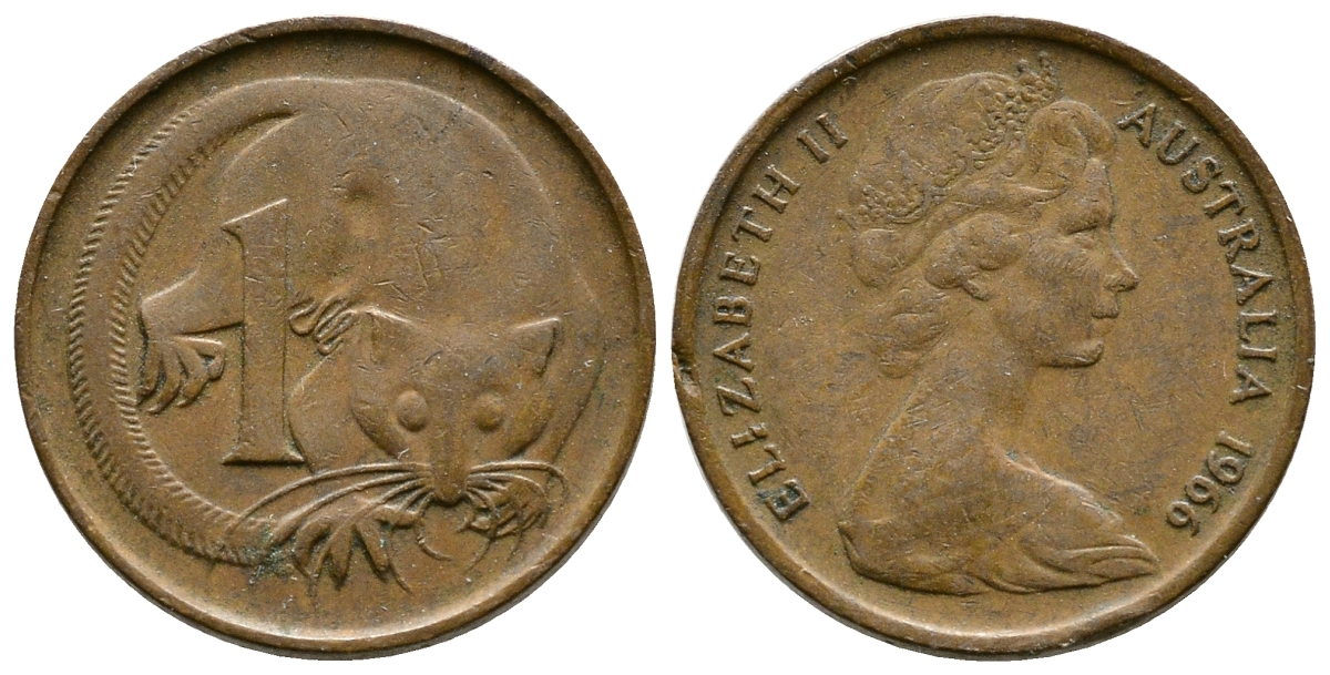 АВСТРАЛИЯ 1 ЦЕНТ 1966 ЕЛИЗАВЕТА II, МОЛОДОЙ ПОРТРЕТ, ОПОССУМ КМ 62 бронза 35-115