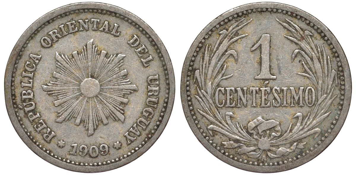Уругвай 1 сентесимо 1909 KM 19 медно-никель 4169-616