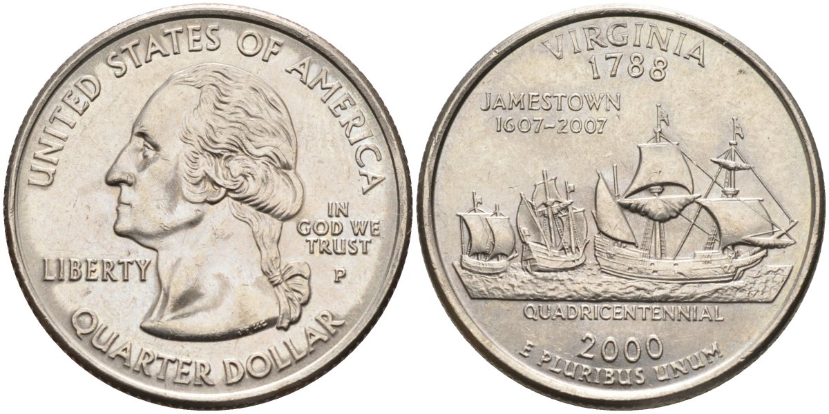 США 25 центов = квотер 2000 Р, серия штаты США, Вирджиния KM 309 медь плакированная медно-никелем 4586-144