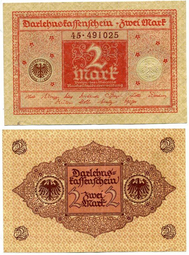 ГЕРМАНИЯ 2 МАРКИ 1920 1 МАРТА 1920, ВЕЙМАРСКАЯ РЕСПУБЛИКА, КРАСНАЯ, СЕРИЯ 45 Pick 59, Rosenberg 65b бумага 7523-16-4