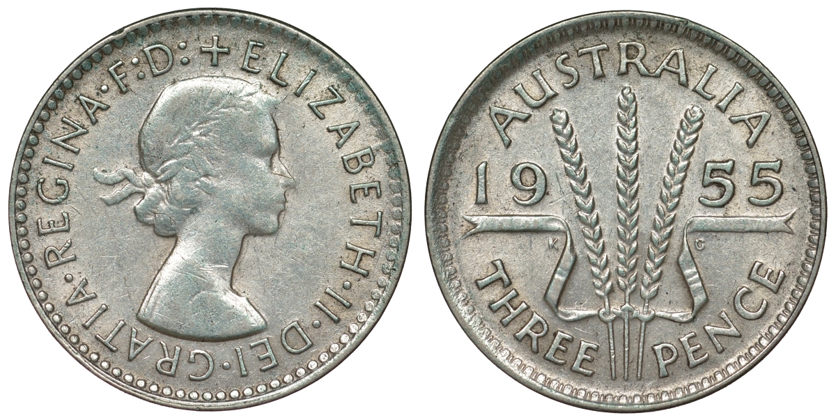 Австралия 3 пенса 1955 m, Елизавета II (1952-2022) KM 57 серебро 71-425